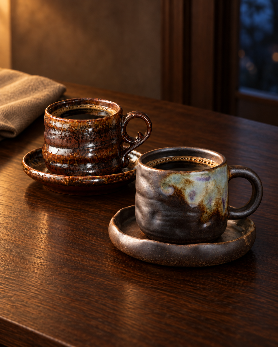Tenmoku and Smoke stoneware cups with matching saucers on a walnut table in warm evening light