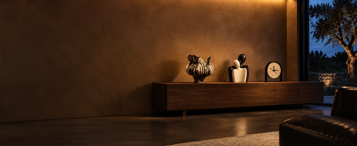 Walnut sideboard at dusk with a fluted vase, a stone bust and a desk clock, olive tree beyond the window