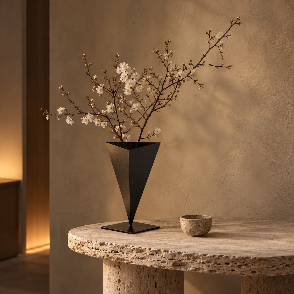 Apex matte black triangular iron vase with blossom branches