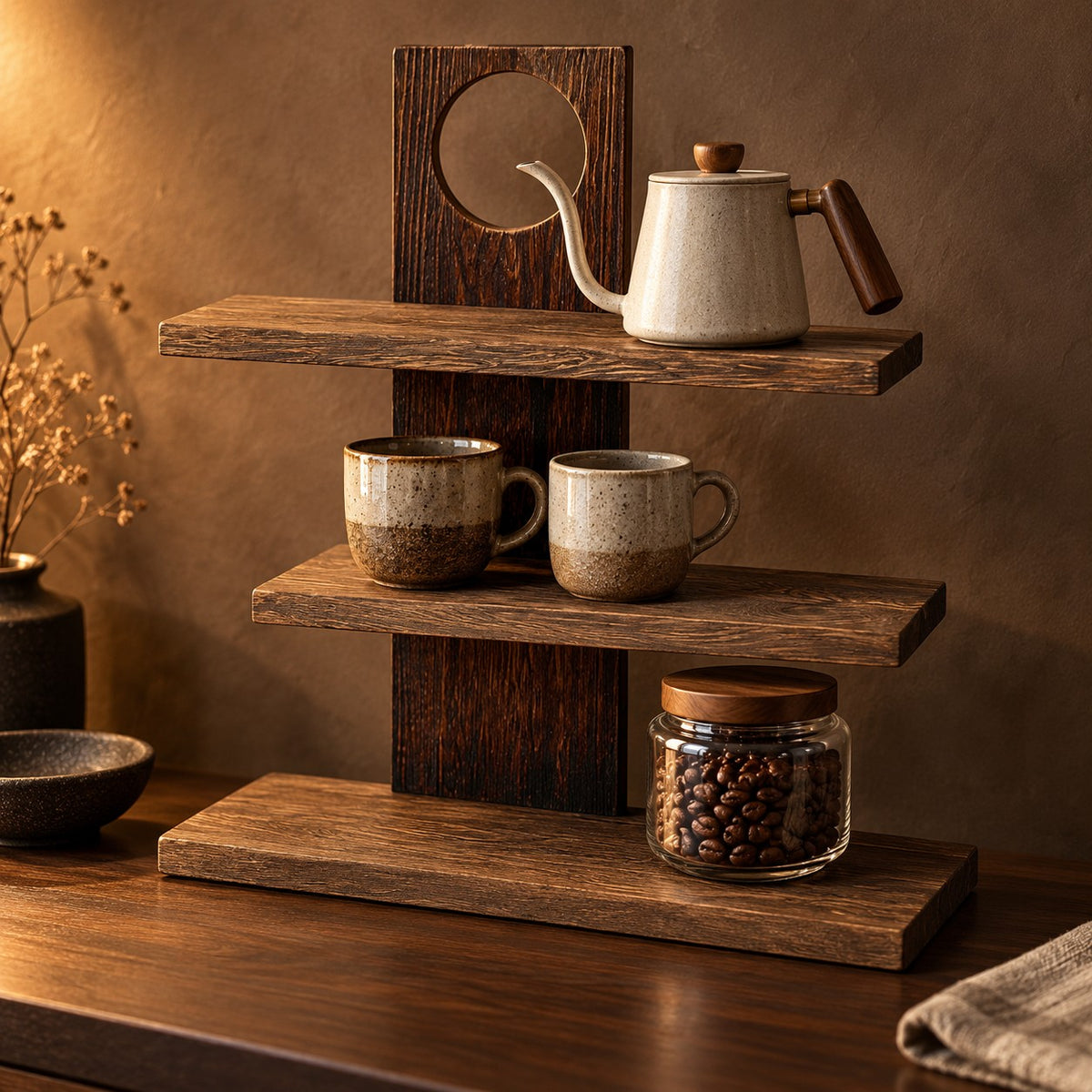 Barista three tier wooden coffee station shelf