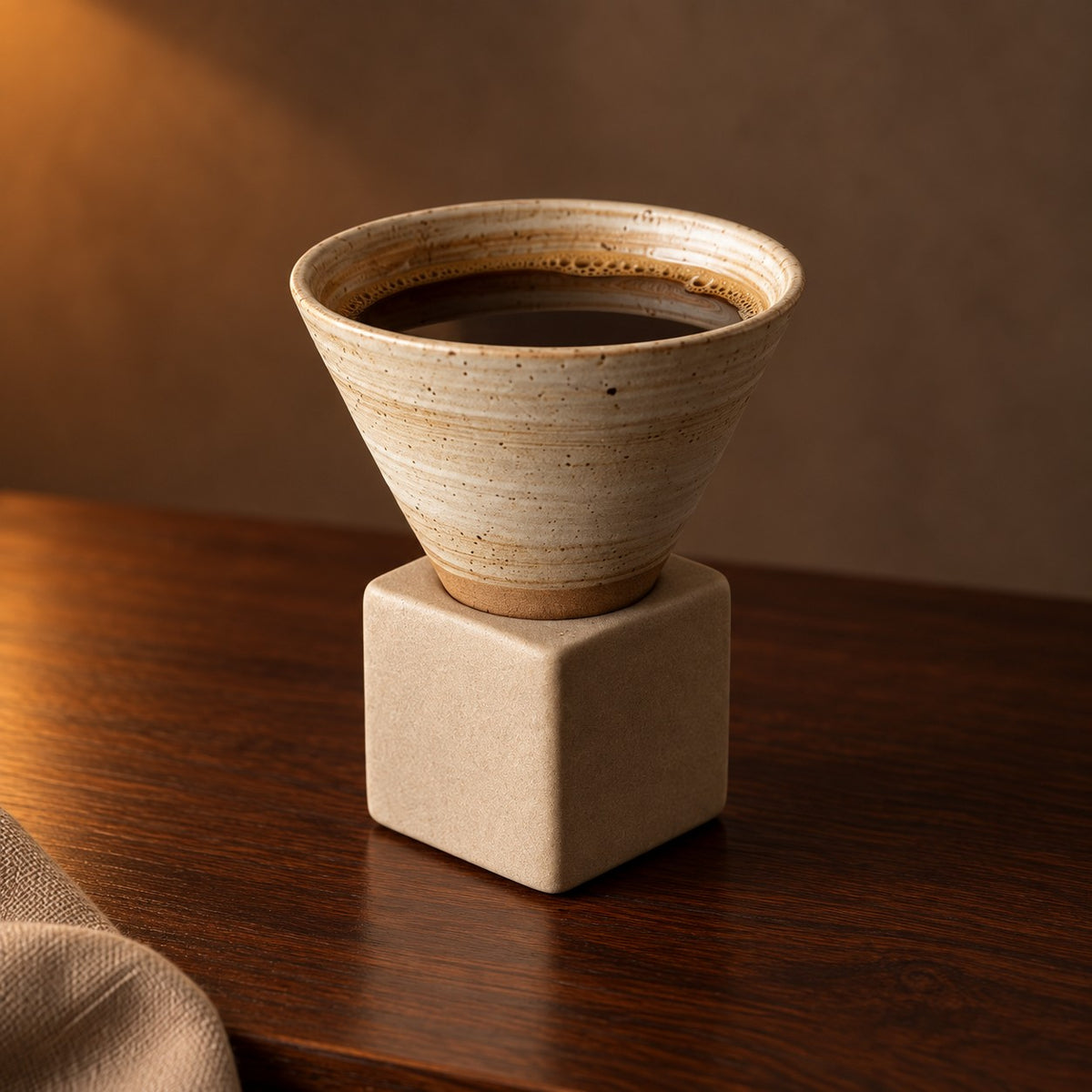 Stoneware cone cup on cube stand, Speckled White