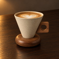 Cone cup on walnut tone wood stand, close up