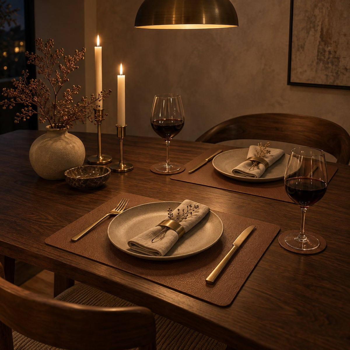 Duo Vegan Leather Placemats set for dinner by candlelight
