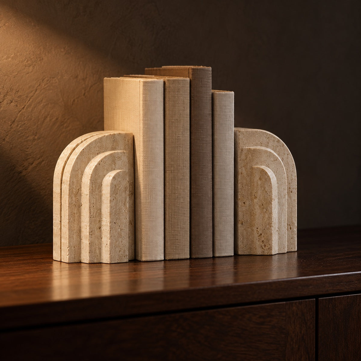 Travertine Stepped Bookends, Pair, close up