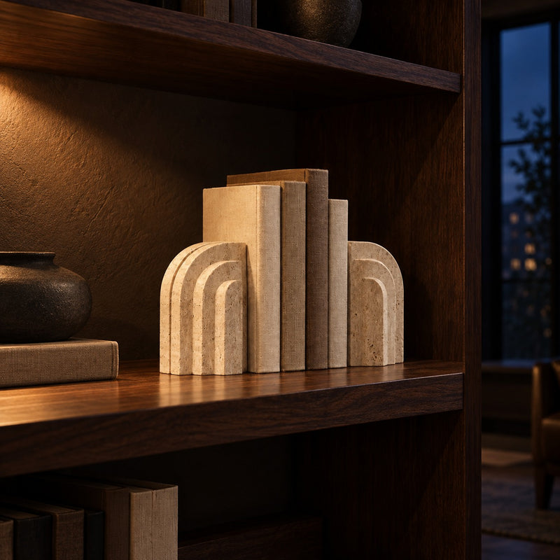 Travertine Stepped Bookends lifestyle, on a walnut bookshelf at night