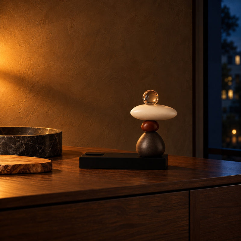 Cairn balance stones wine bottle holder on a walnut bar cabinet