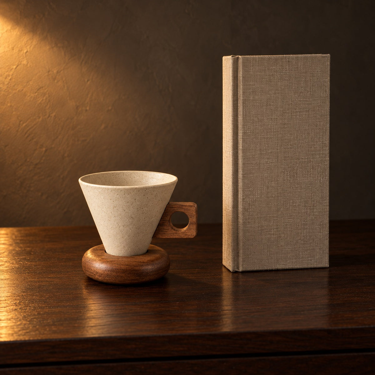 Cone Cup with Wood Ring Stand beside a hardcover book, showing its 10 cm height