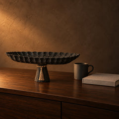 Black Pedestal Tray beside a coffee mug and a hardcover book, showing its 45 cm length