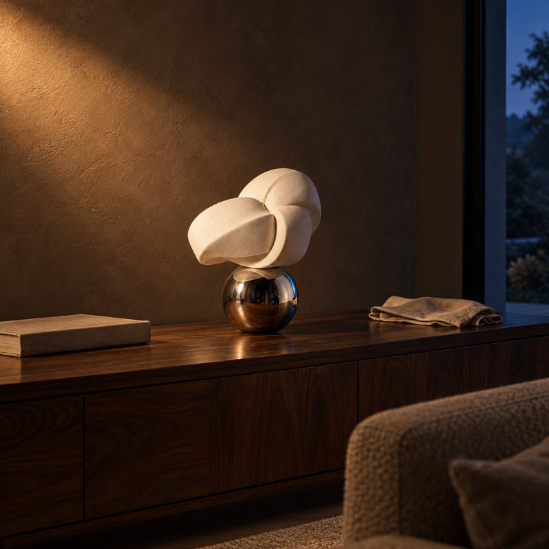 Fold Sculpture on Mirror Sphere lifestyle, on a walnut sideboard at night