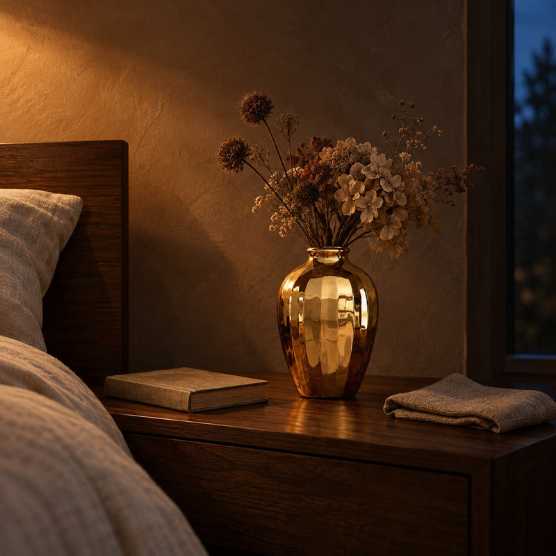 Gold mirror ceramic vase on a walnut console at night