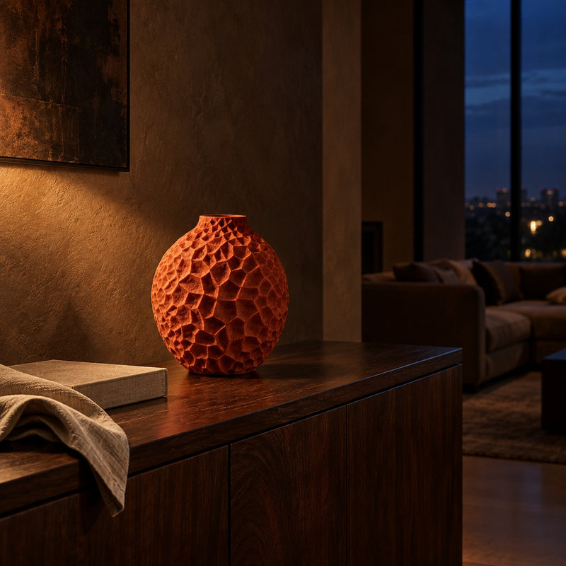 Honeycomb Vase lifestyle, on a walnut console at night