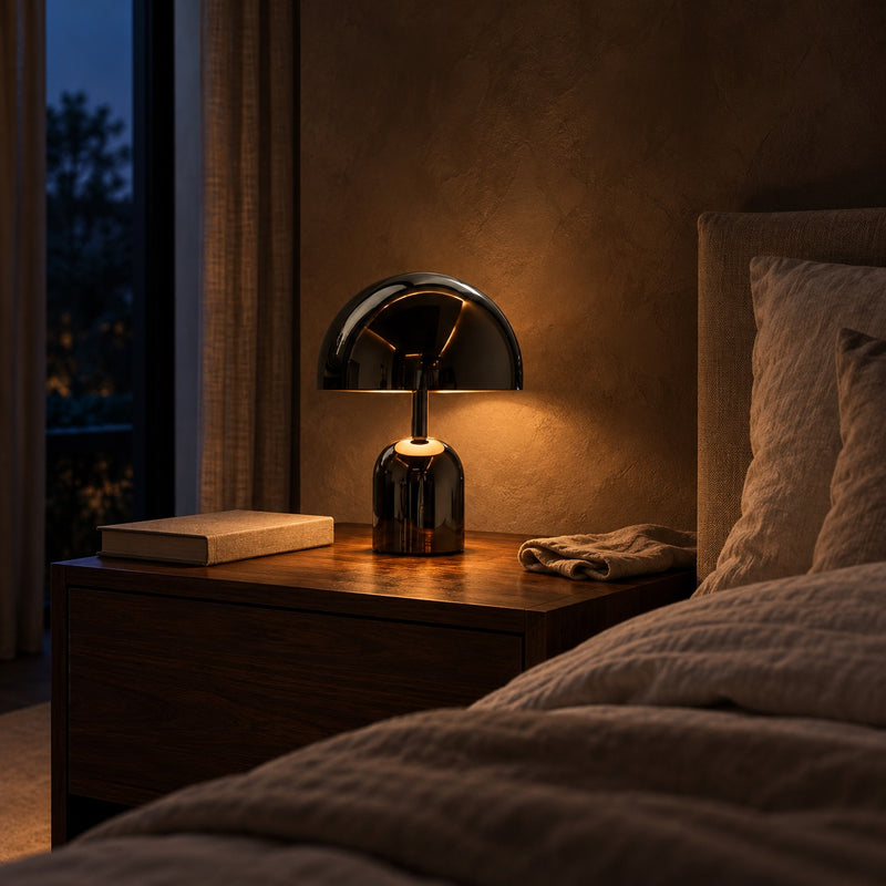 Kupol Mushroom Lamp lifestyle, glowing on a walnut bedside table at night