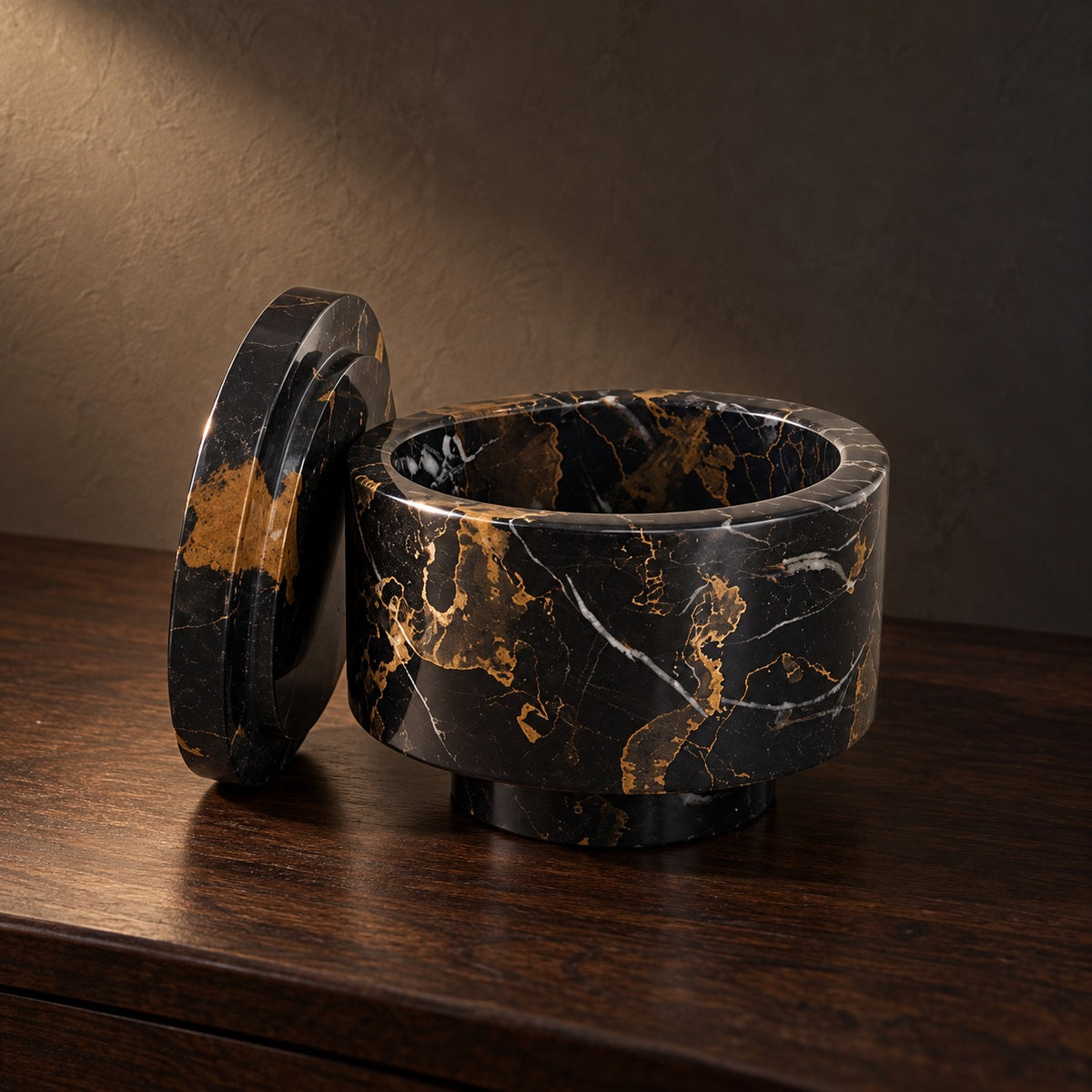 Marble Lidded Vessel in Black Gold, close up