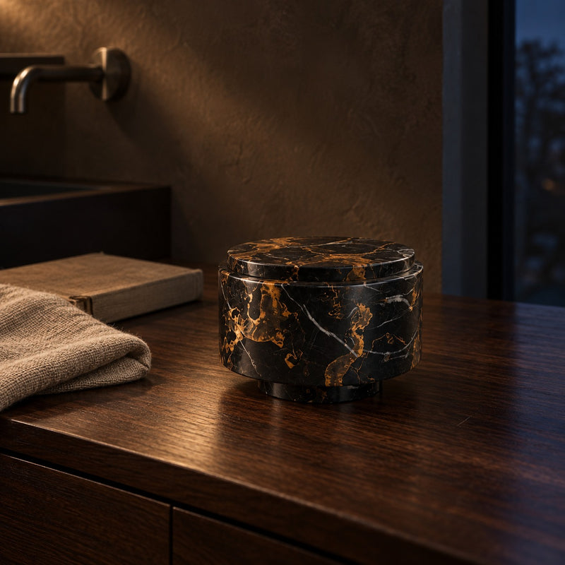 Marble Lidded Vessel lifestyle, on a walnut bathroom vanity at night