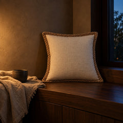 Linen cushion with braided edge on a walnut window seat