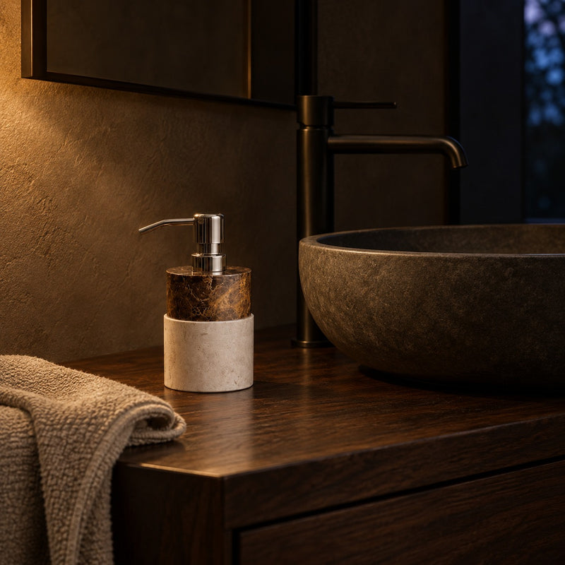 Marble soap dispenser on a walnut bathroom vanity