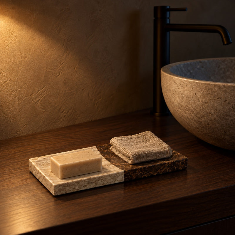 Marble vanity tray holding soap on a walnut bathroom vanity