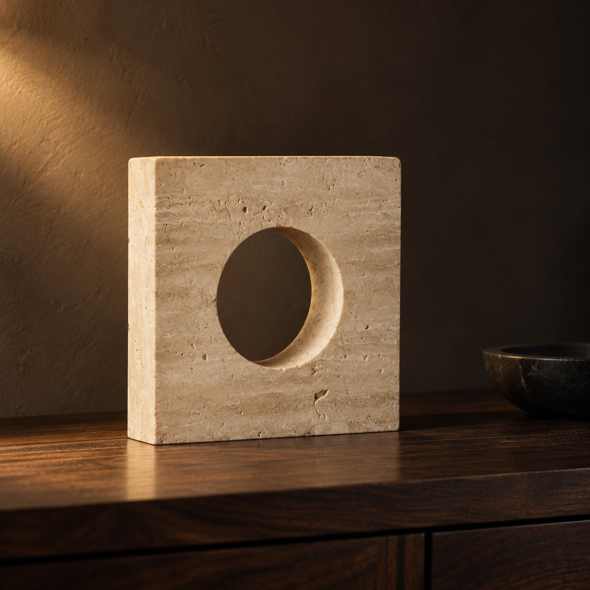 Travertine Moon Window Sculpture, close up