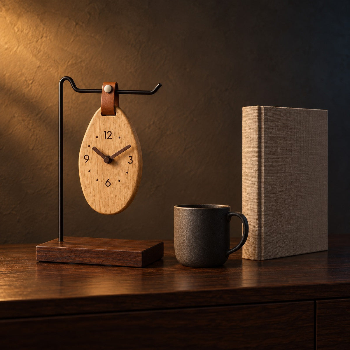 Pebble Hanging Wood Clock beside a coffee mug and a hardcover book, showing its 28 cm height