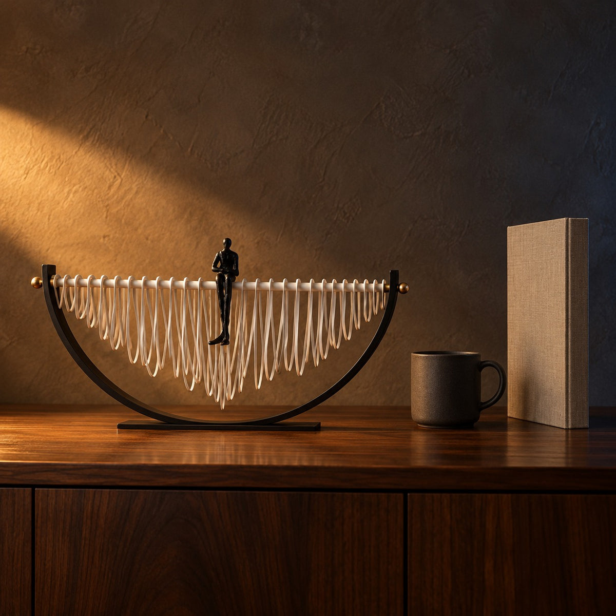 Reverie Crescent Sculpture beside a coffee mug and a hardcover book, showing its 51 cm width