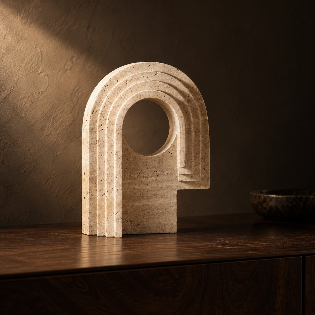 Travertine Arch Sculpture with Round Window, 20 cm, close up