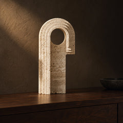 Travertine Arch Sculpture with Round Window, 30 cm, close up