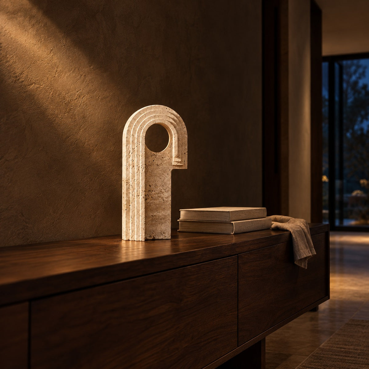 Travertine Arch Sculpture with Round Window lifestyle, in a living room at night