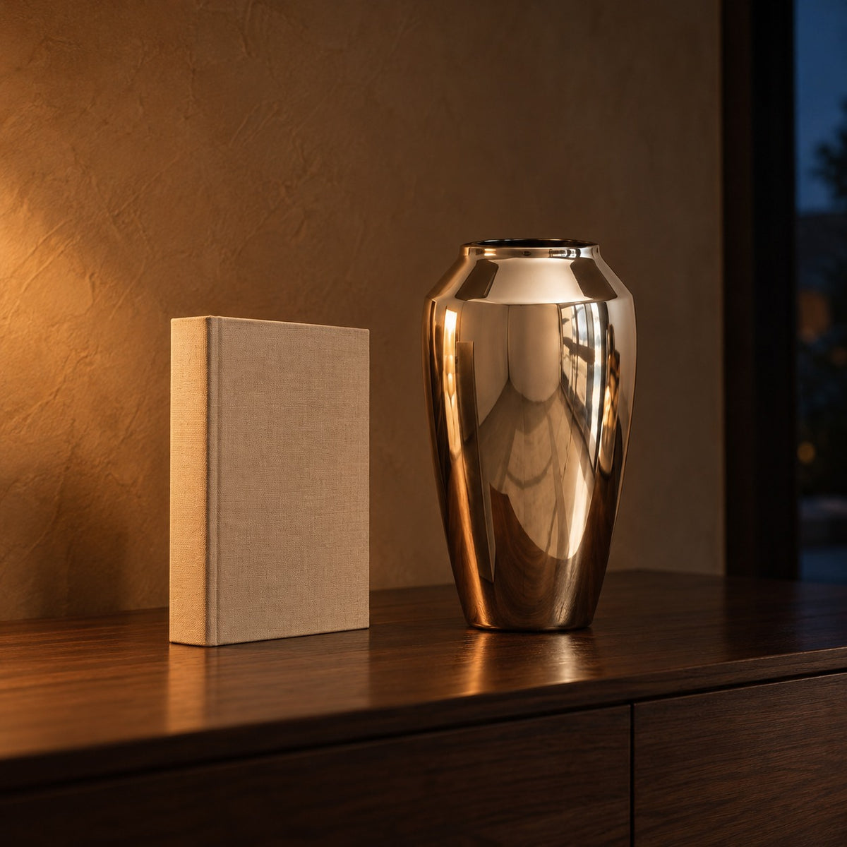 Silver mirror ceramic vase next to a hardcover book for size