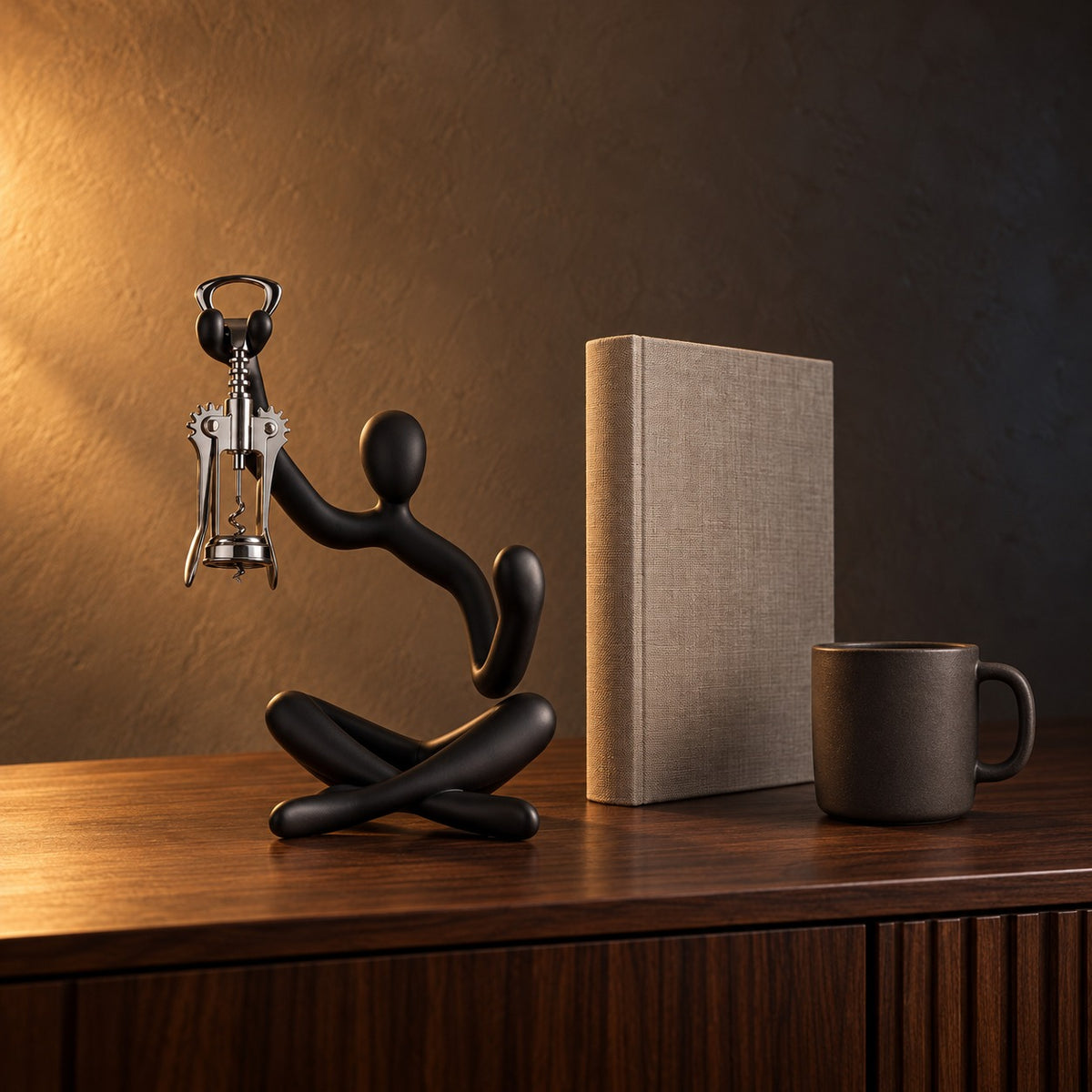 Sommelier Figure Wine Holder beside a coffee mug and a hardcover book, showing its 27 cm height