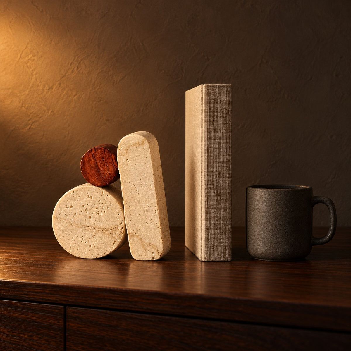 Balanced Stack Ceramic Sculpture beside a coffee mug and a hardcover book, showing its 20 cm height