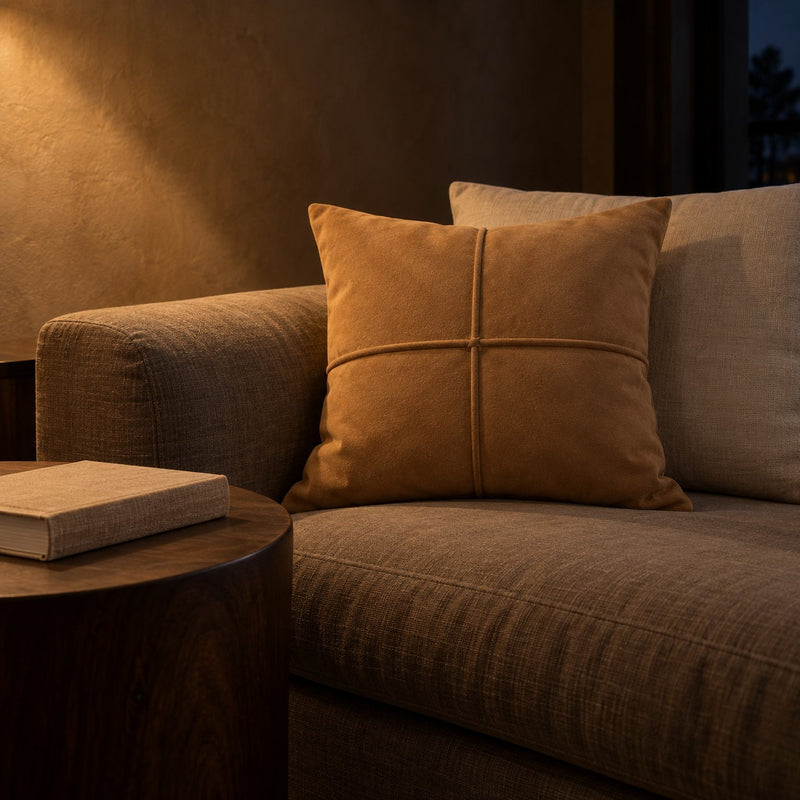 Tan suede cushion with stitched cross seam styled at night