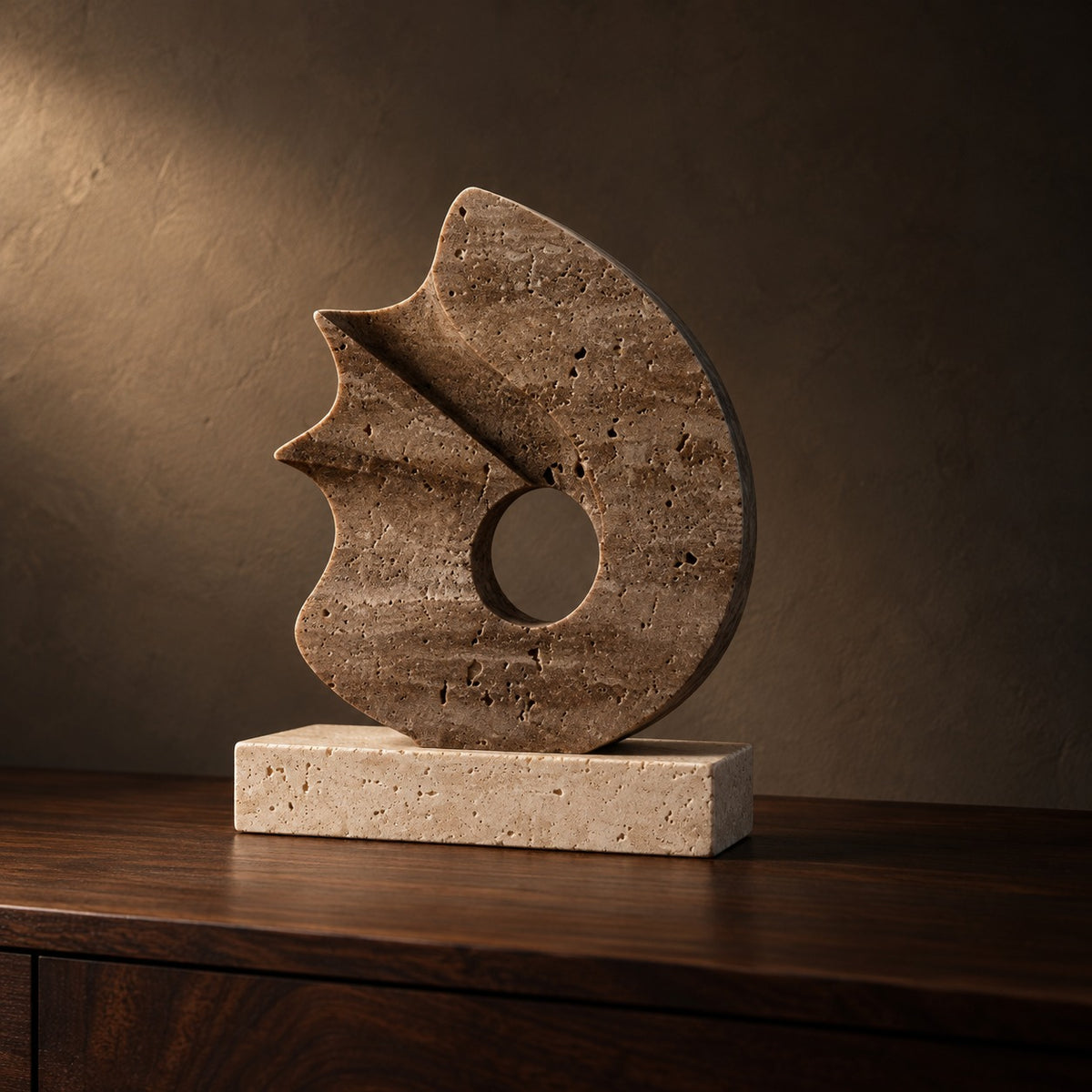 Tide Travertine Sculpture on Stone Plinth, close up