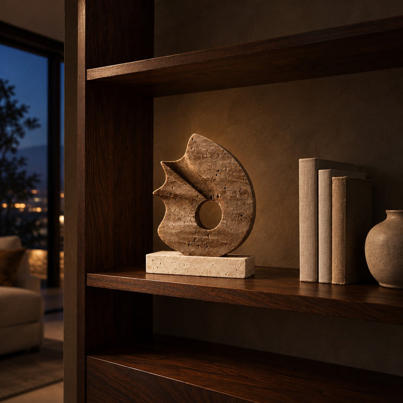 Tide Travertine Sculpture lifestyle, on a walnut bookshelf at night