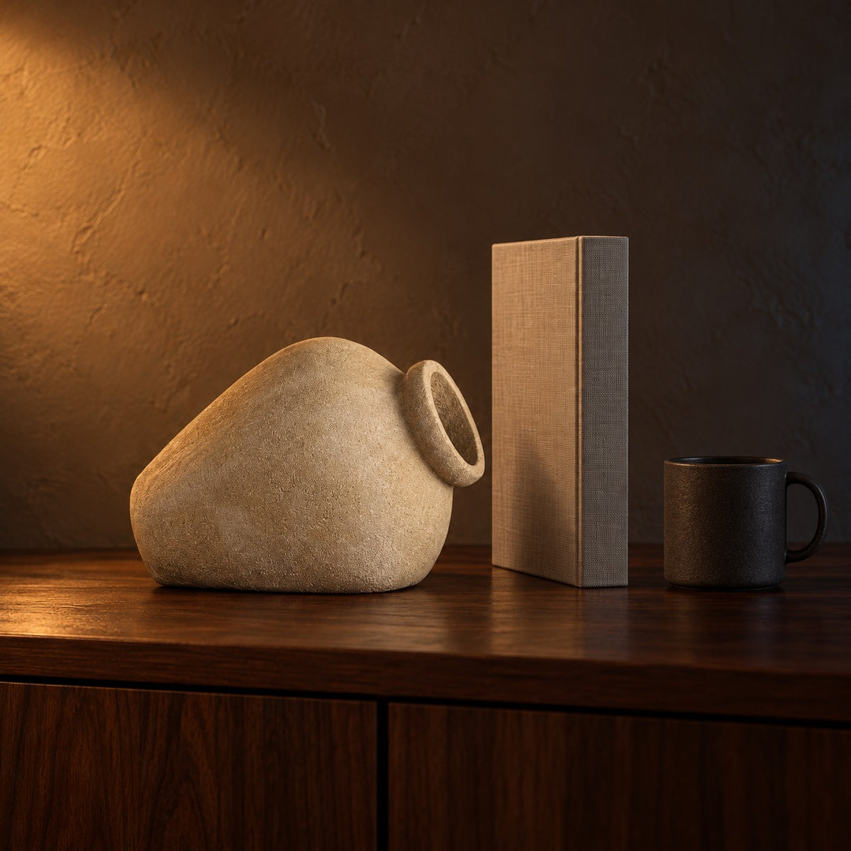 Tilt Ceramic Vase beside a coffee mug and a hardcover book, showing its 19 cm height and 25 cm width