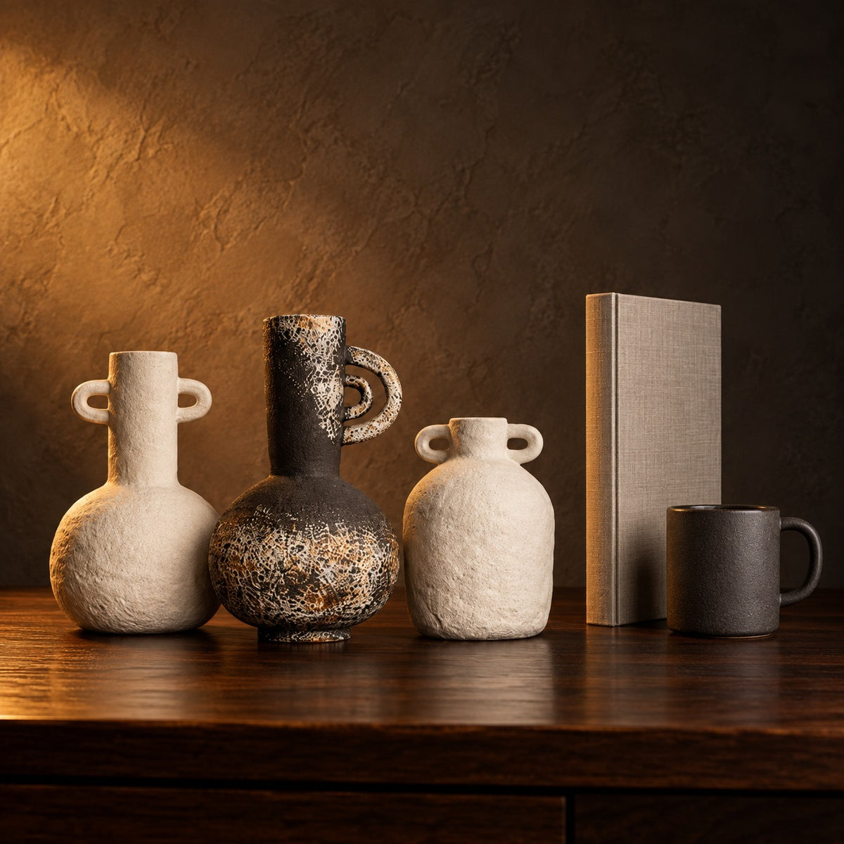 Wabi Sabi Ceramic Vase Trio beside a coffee mug and a hardcover book, showing heights of 16 to 22 cm
