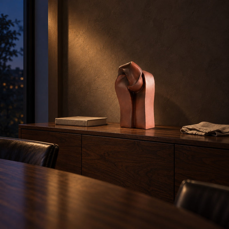 Twist Sculpture lifestyle, on a walnut sideboard at night