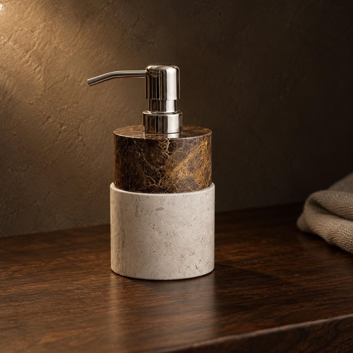 Two tone marble soap dispenser with metal pump