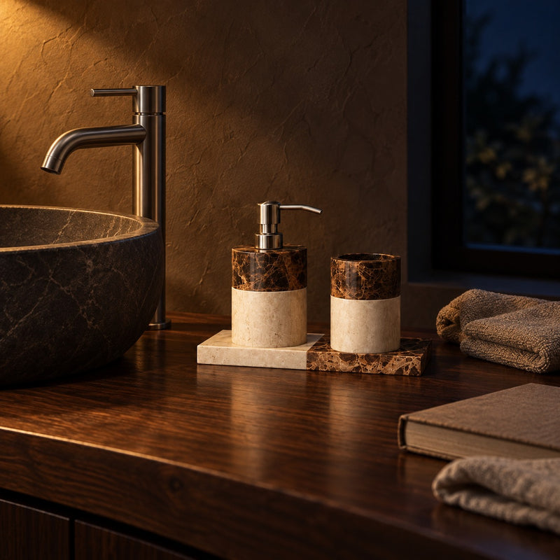 Marble Bathroom Vanity Set lifestyle, on a walnut vanity at night