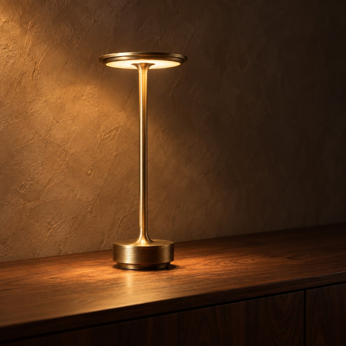 Ember cordless table lamp in antique brass on a walnut sideboard