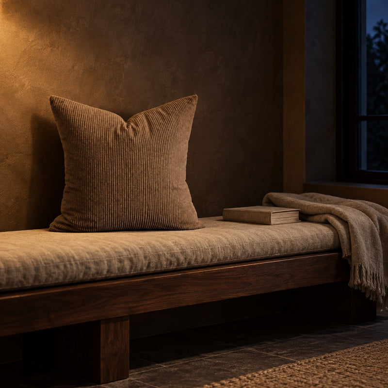 Fine Cord Cushion on a walnut bench at night