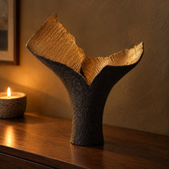 Folio Sculptural Vessel in black and gold on a walnut sideboard