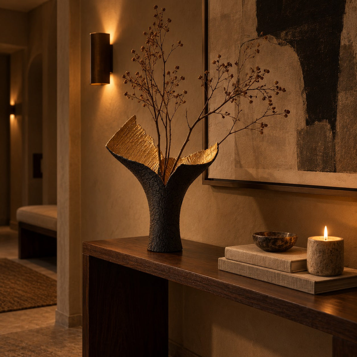Folio Sculptural Vessel with dried branches on a walnut console at night