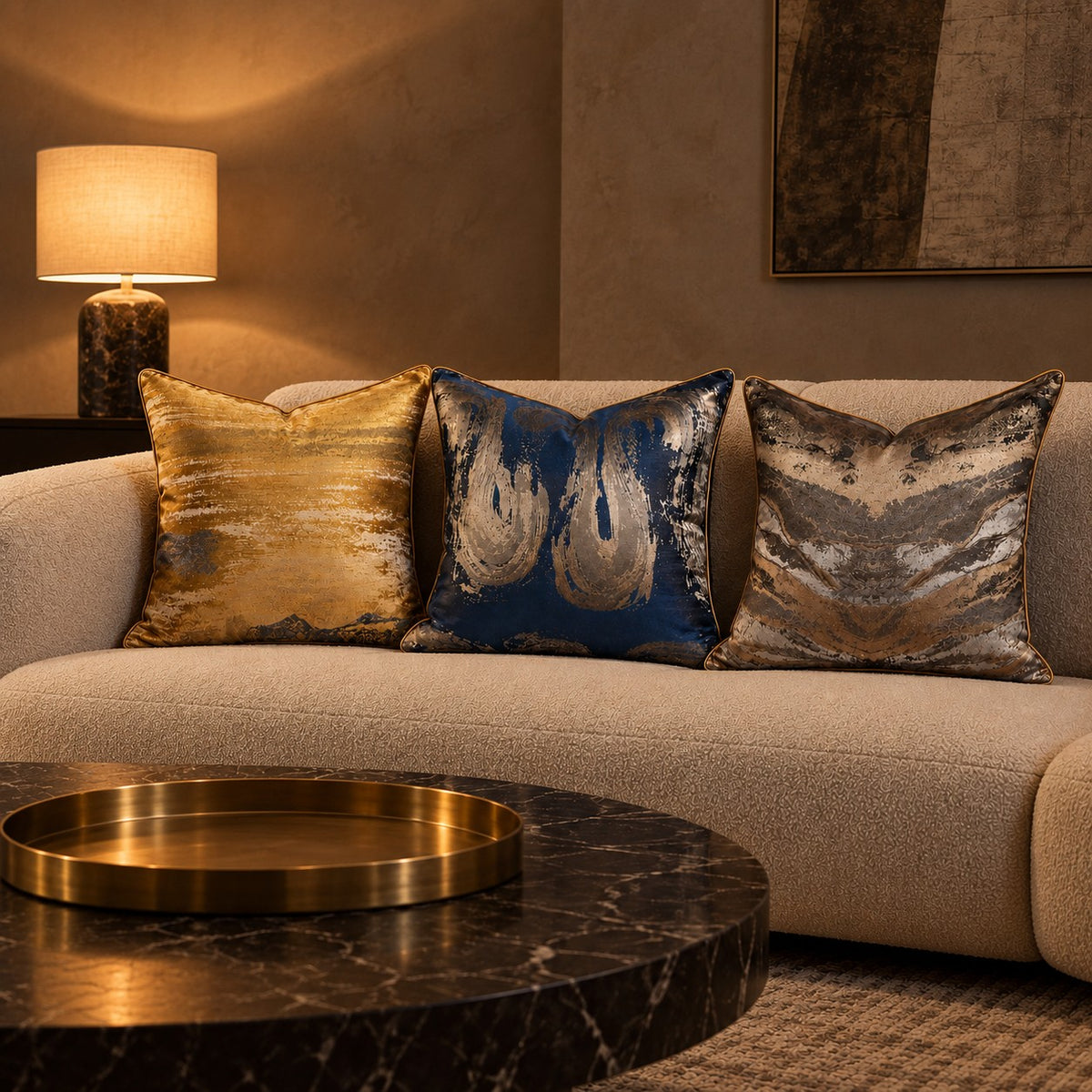 Gilded Marble Cushions on a boucle sofa at night
