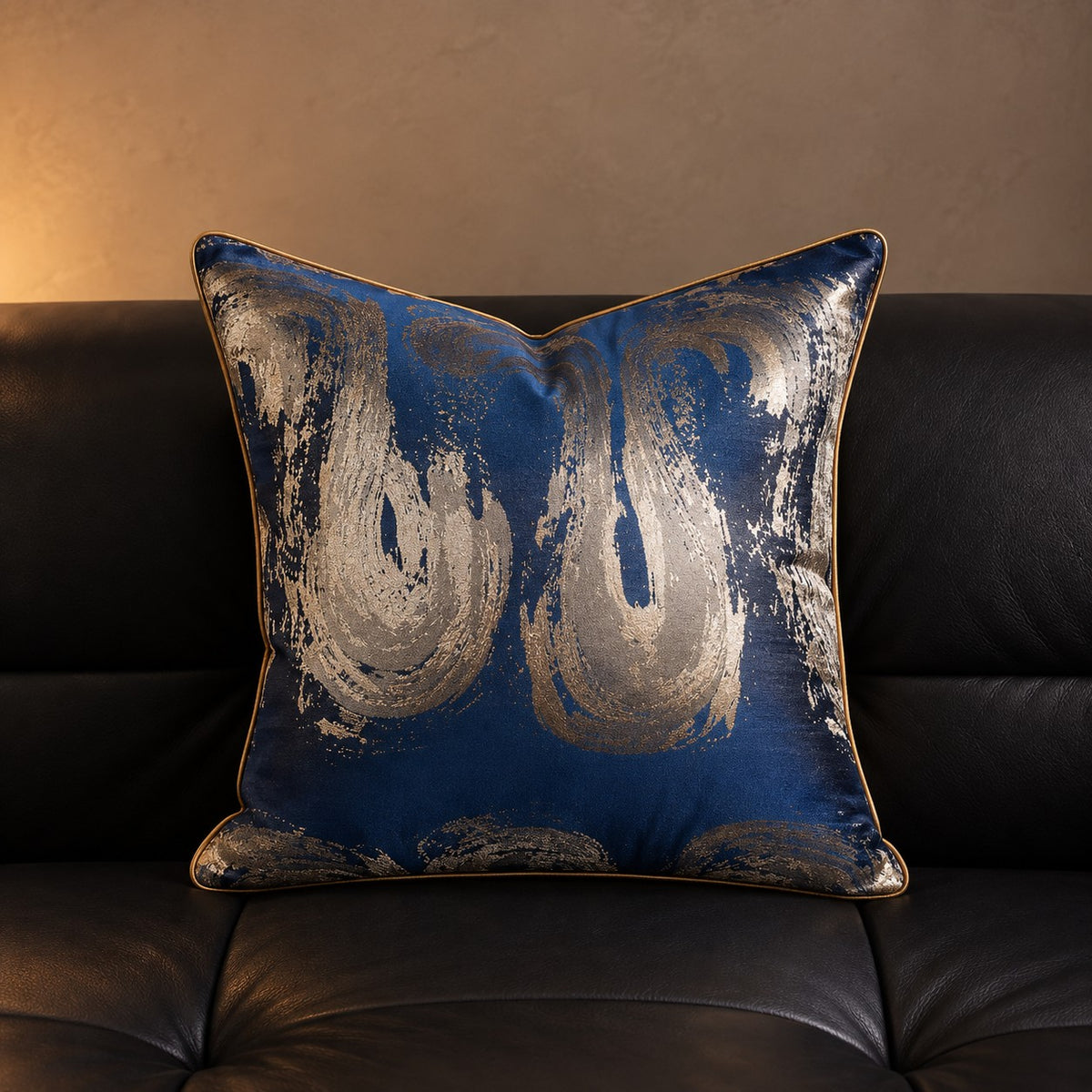 Gilded Marble Cushion in Navy Swirl
