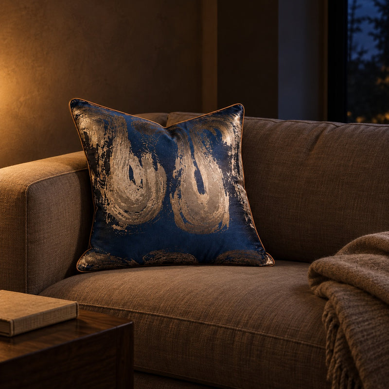 Gilded Swirl Cushion in Navy Swirl on a taupe linen sofa at night