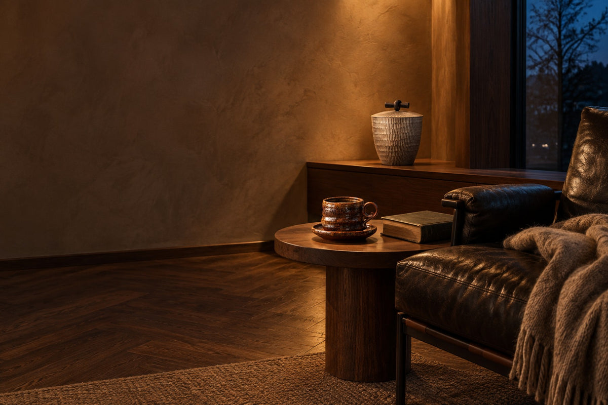 Reading corner at night with a leather chair, a tenmoku cup and saucer and a hammered lidded jar