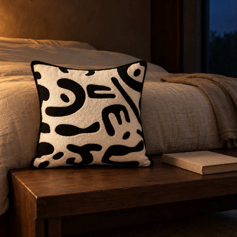Ink Squiggle Chenille Cushion on a walnut bench in the bedroom at night