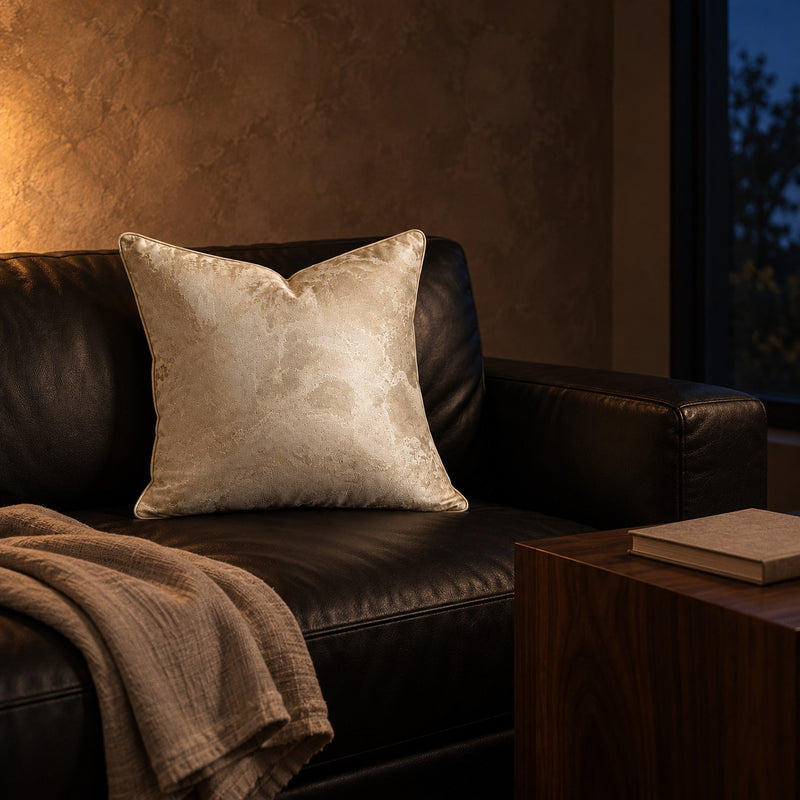 Ivory Cloud Cushion on a black leather sofa at night