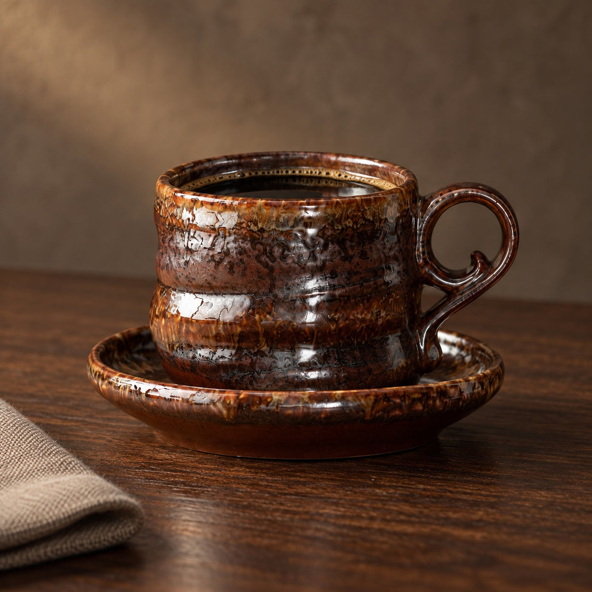 Kiln glaze cup and saucer, Tenmoku Belly