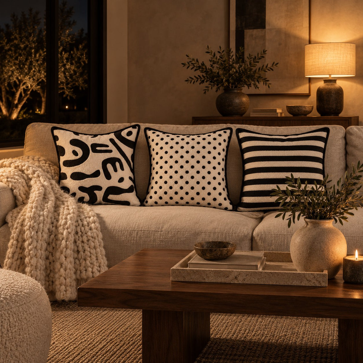Monochrome Chenille Cushions styled on a linen sofa at night